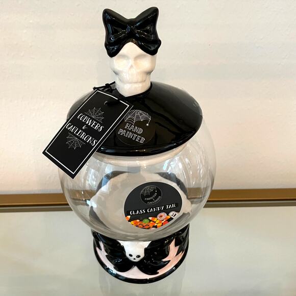 Cobwebs & Cauldrons Halloween Goth Glam Skulls & Bows Round Glass Candy Jar NEW - Picture 6 of 10
